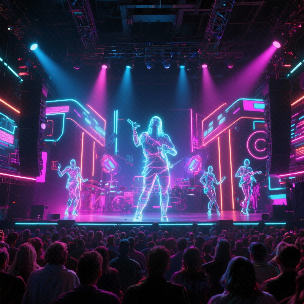 Futuristic Stage with Holographic Performers, Glowing Effects, Digital Audience